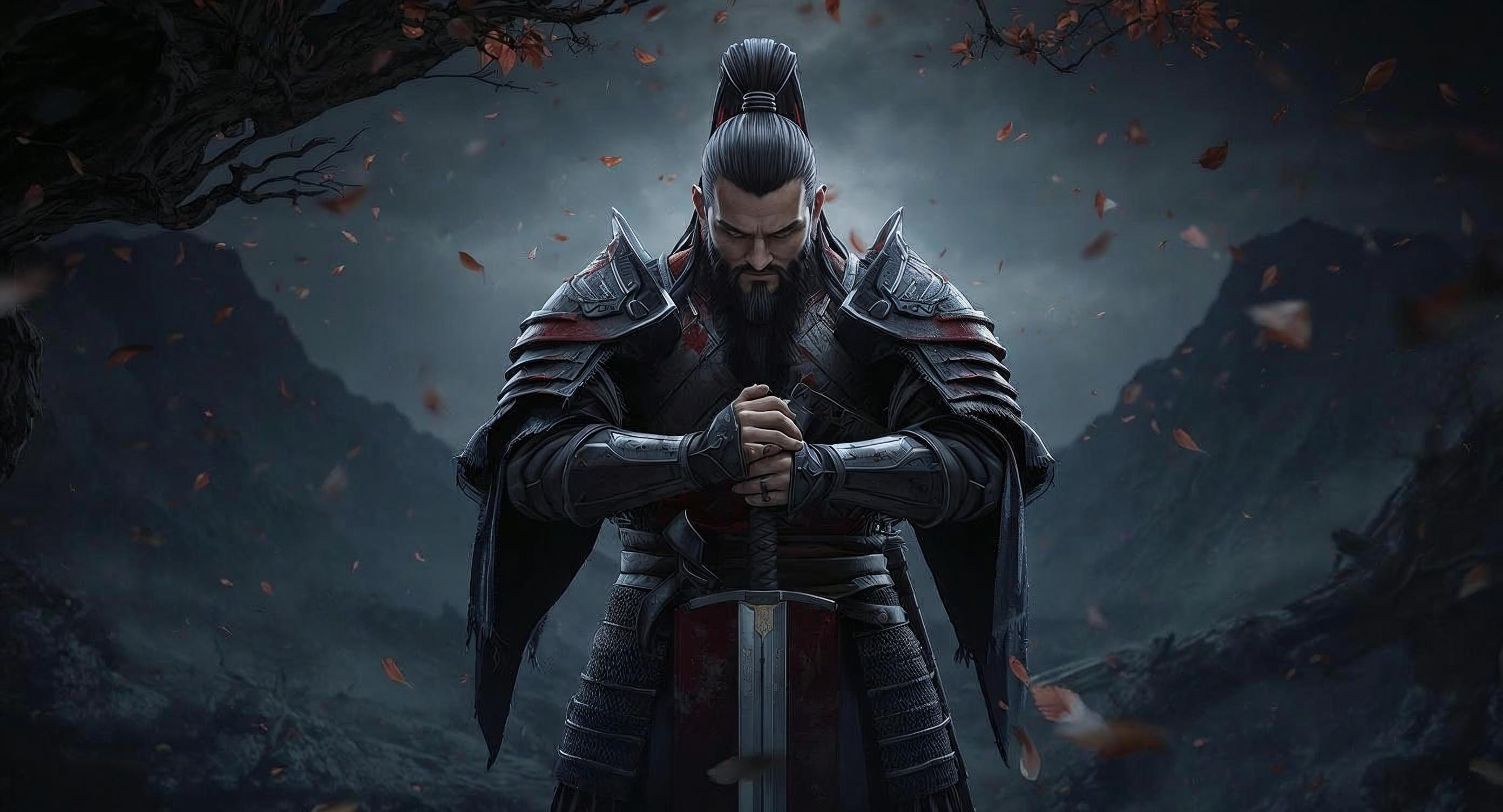 A commander in weathered crimson armour rests both hands on a sword.