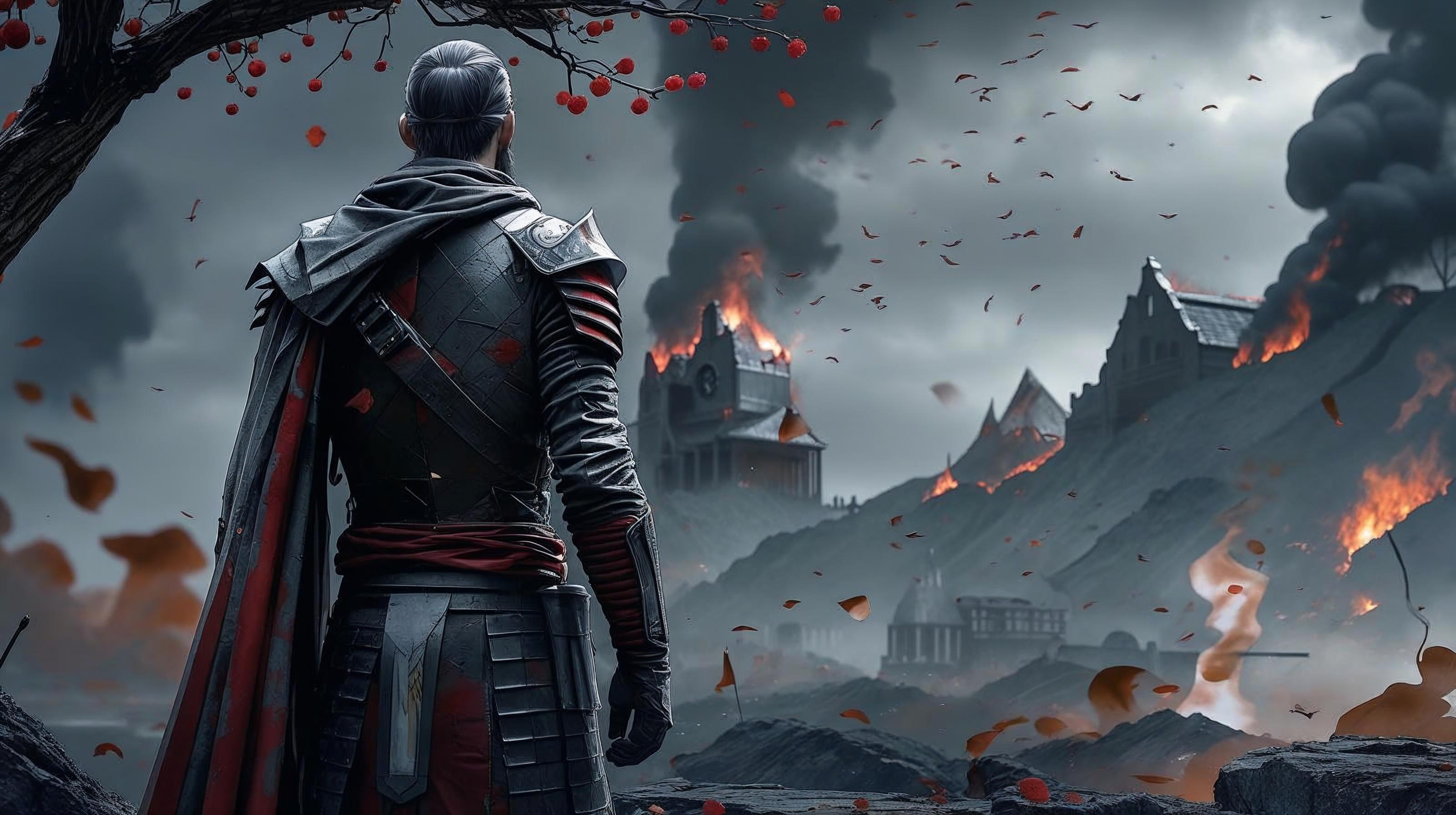 A figure in a crimson cloak watches a city burn along a ridge.