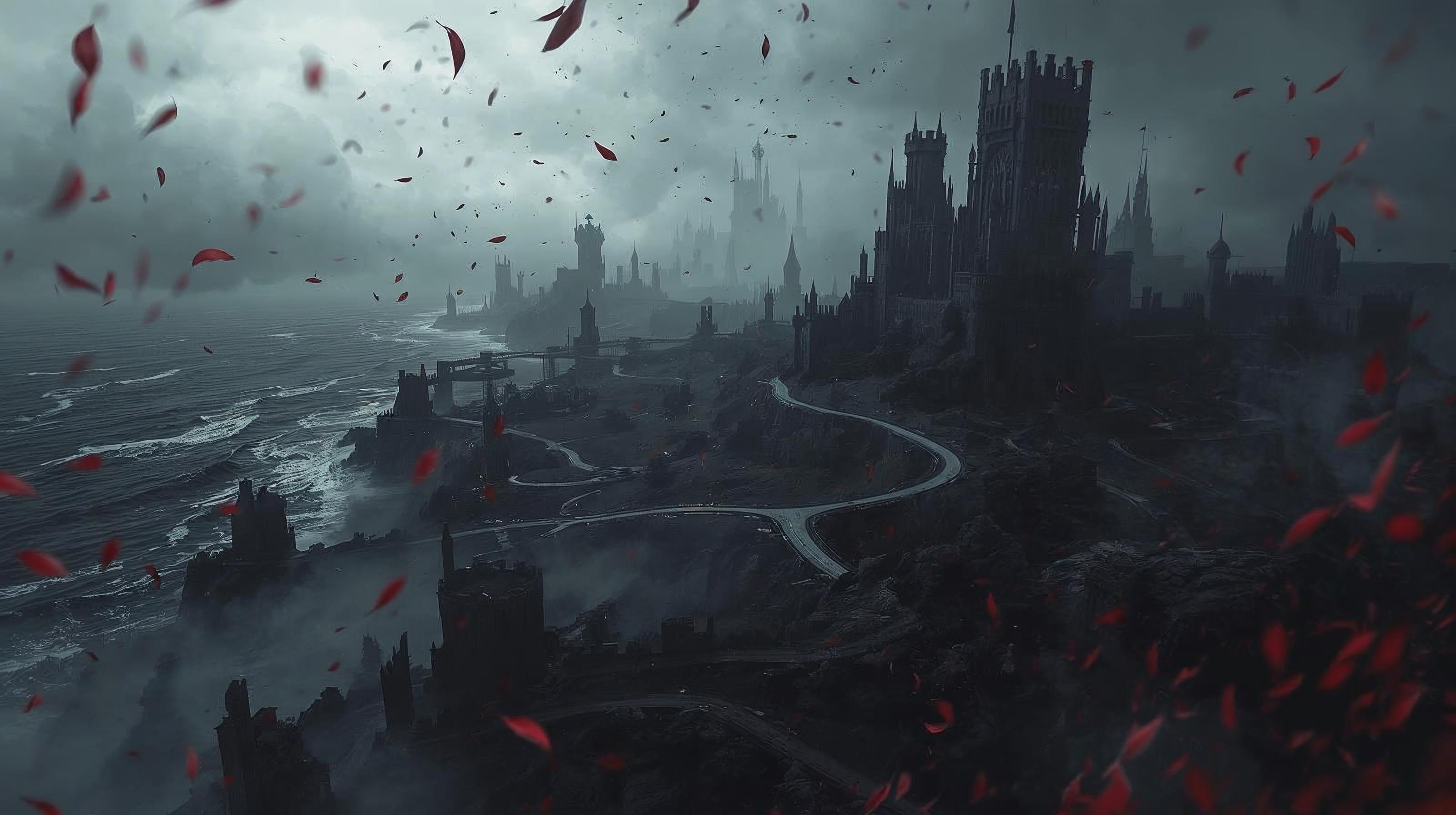 A fortress city on a storm-lit coast, roads winding toward the citadel.