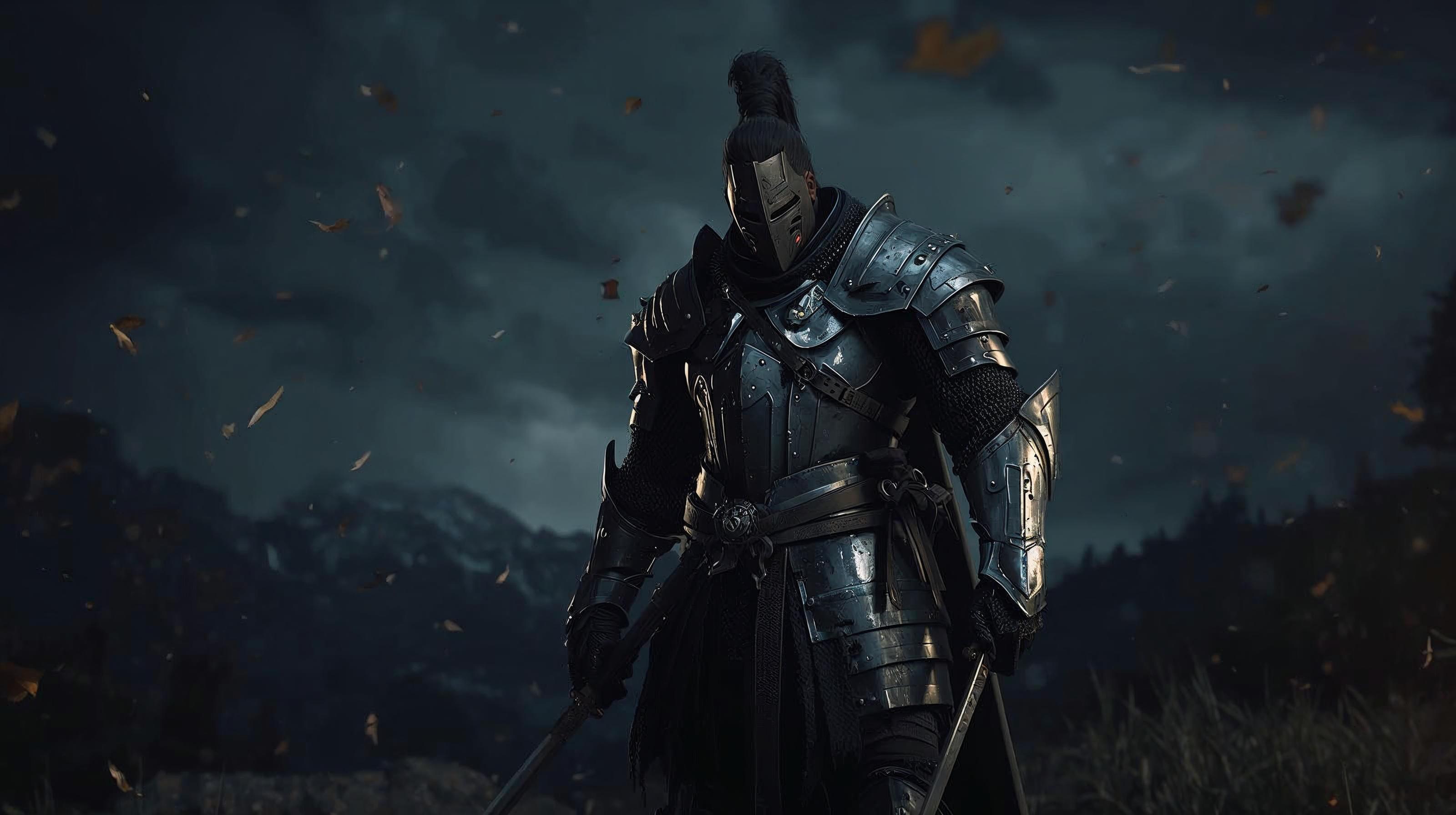 A masked warrior in dark plate, sword lowered, standing in a cold wind.