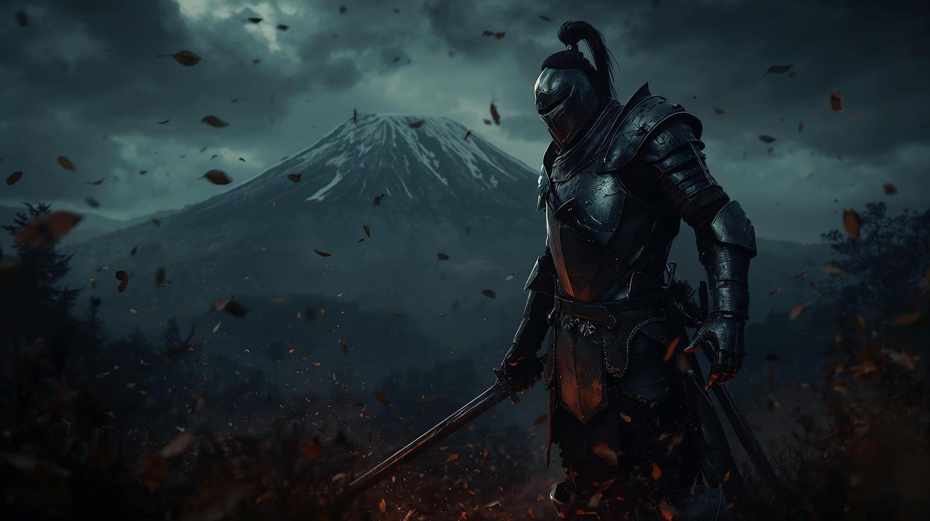 An armoured warrior stands before a snow-covered mountain under a cold sky.