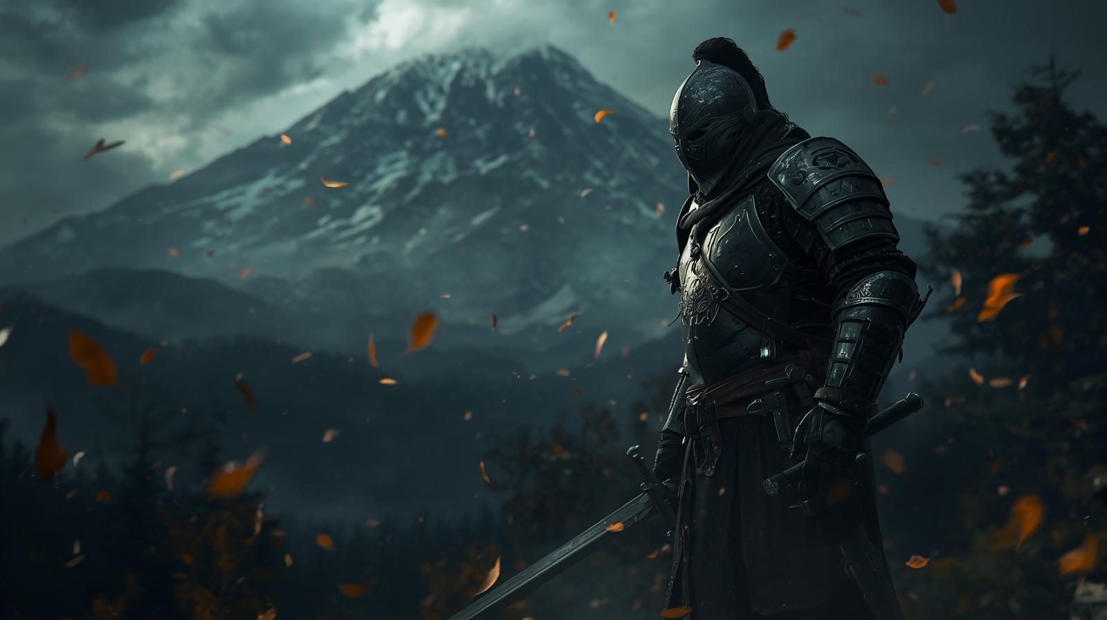 A knight in cold steel looks across a dark mountain range.